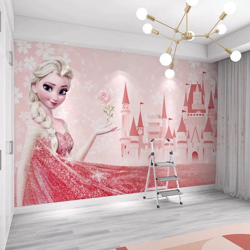 壁紙 壁貼 墻紙 兒童房壁紙女孩臥室3d立體粉色愛莎公主冰雪奇緣墻布壁紙壁畫定制