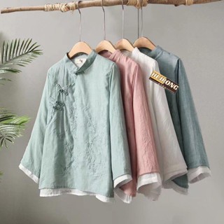 熱賣中💖💖復古刺繡盤扣麻棉襯衫女春中式禪意茶服寬松拼接圓領上衣