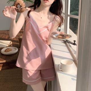 🔆小甜甜日系美衣👙吊帶睡衣女款夏季純棉兩件套裝2023年新款網紅甜美可愛家居服粉色