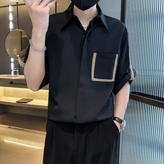 夏季拼接冰絲5分袖伸縮短袖襯衫 港風襯衫短袖 男士休閒寬鬆襯衣外套痞帥情侶男女襯衫 百搭薄款襯衫（MCS30）【壹號站】