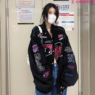 夏日辣妹外套✨美式賽車服棒球服女春秋新款復古寬松印花百搭夾克機車外套ins潮