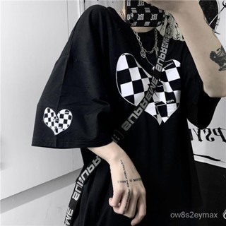 GP實拍 夏天衣服 t恤女 顯瘦上衣 可愛衣服 短袖上衣100%純棉T恤上衣女夏季韓版ins愛心格子印花半袖黑色寬鬆短