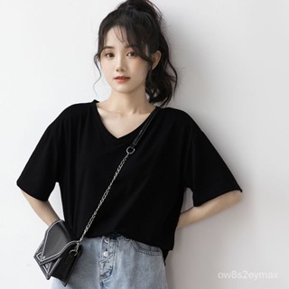 GP實拍 學生衣服 女裝 短袖上衣 短袖上衣女 大尺碼寬鬆上衣2023夏季新款黑色V領短袖T恤女寬鬆韓版百搭純黑體恤學