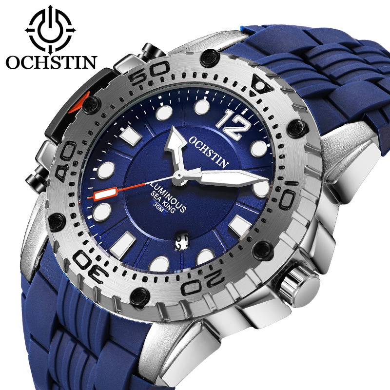 樂卡 OCHSTIN/奧古斯登 2023年 爆款真夜光防水男錶 戶外運動膠帶手錶 簡約日曆大錶盤腕錶 日本進口機芯