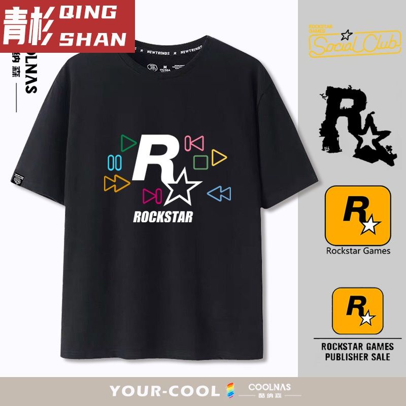 GTA5游戲公司R星Rockstar Games電玩周邊印花寬松短袖T恤男士純棉【ding青衫】