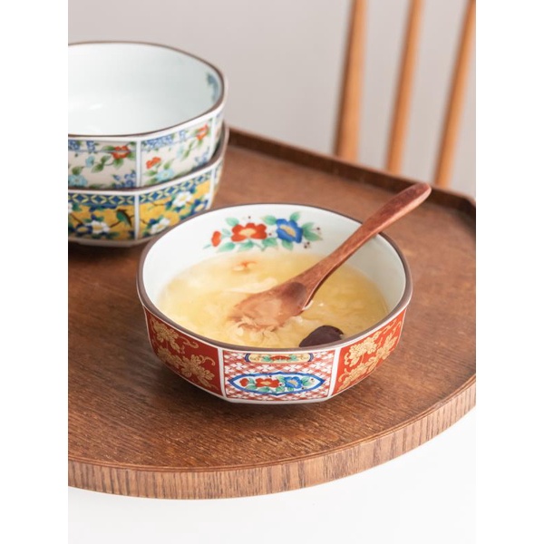 日本進口美濃燒宮廷風牡丹染錦彩色八角大碗家用顏值陶瓷湯碗配菜