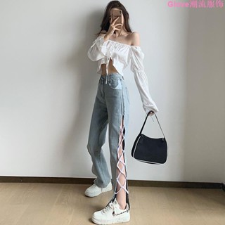 🌷臺灣出貨🌷2022年秋新款不規則高腰開叉綁帶牛仔褲子女直筒顯瘦微喇拖地潮流牛仔褲女 潮流 破洞褲 喇叭褲 直筒褲