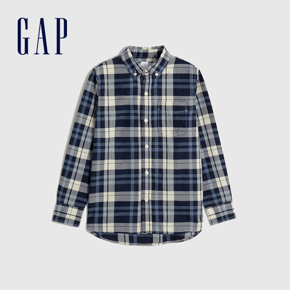 Gap 男童裝 純棉撞色格紋翻領長袖襯衫-藍白拼接(780257)