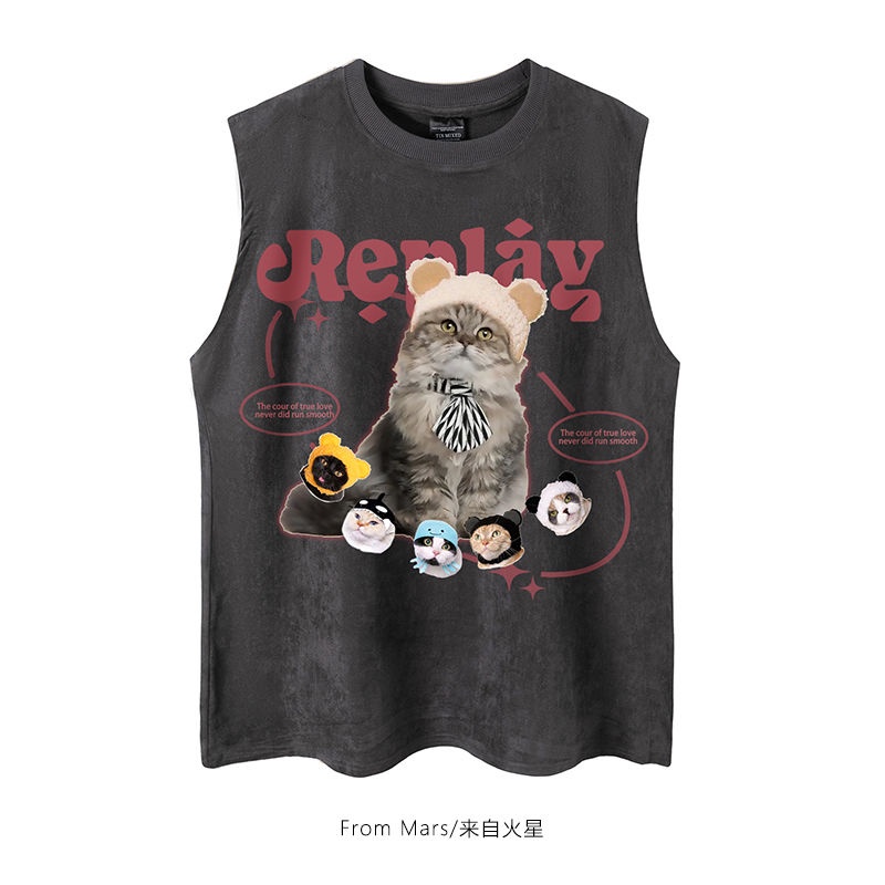 【桃園出貨】【爆款熱賣】貓咪的小帽子 甜酷寵物字母印花無袖背心背心寬鬆潮ins夏季Tank男