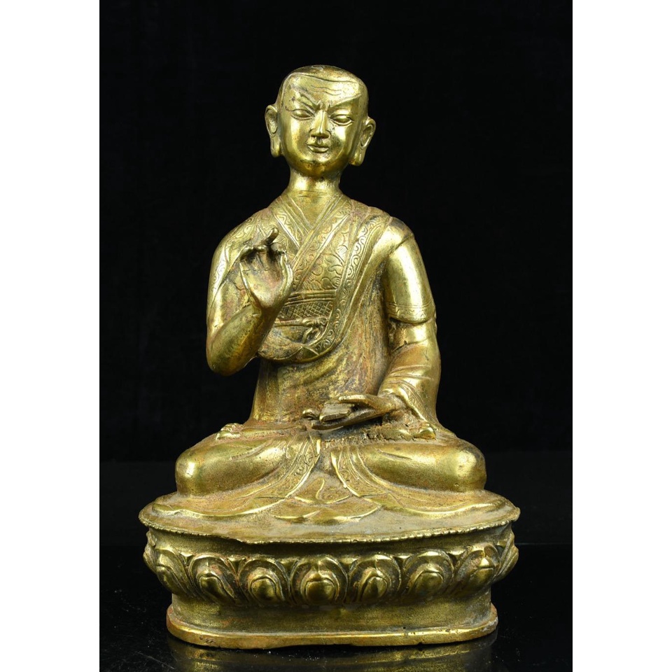純銅 佛像 擺件 純銅老黃銅尼泊爾密宗藏傳格魯黃銅宗喀巴佛像光頭師徒三尊佛像26*17*12重量4.68斤2852