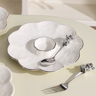 圓形 陶瓷 餃子 盤 帶 醋碟 早餐 盤 蘸料 碟子 家用 輕奢 銀菜 盤 創意 盤子 餐具