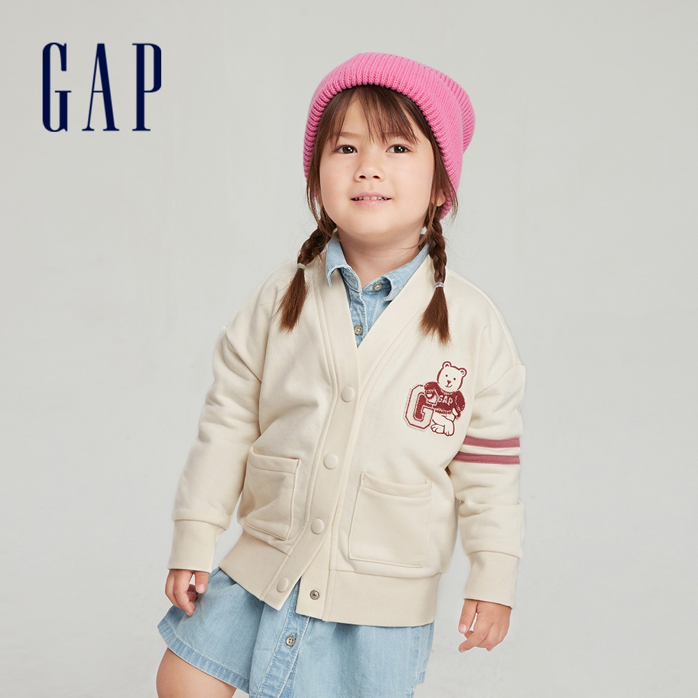 Gap 女幼童裝 Logo小熊印花V領長袖外套-米色(788518)