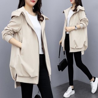 【Sweet Oversize】有裡佈2023春秋韓版卡其色寬鬆休閒連帽風衣女中長款黑色氣質外套