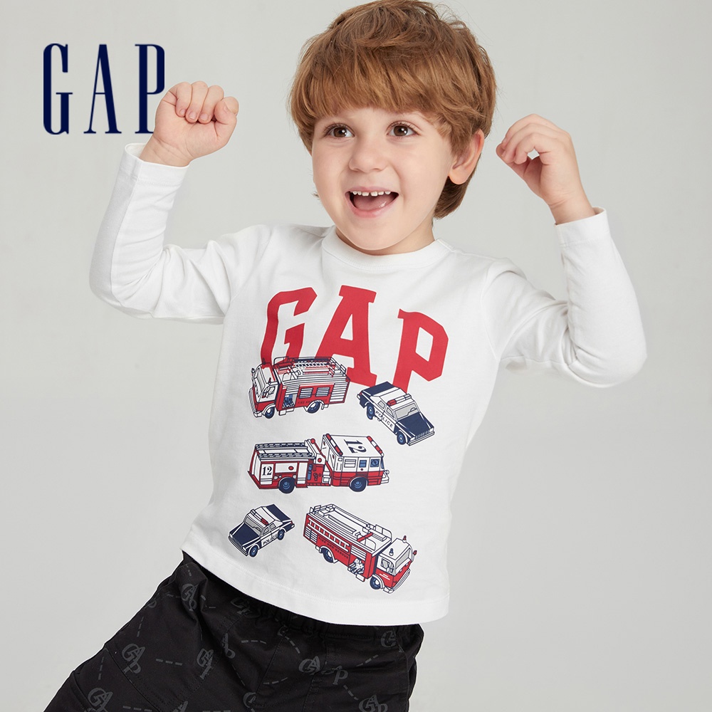 Gap 男幼童裝 Logo印花圓領長袖T恤-白色(798952)