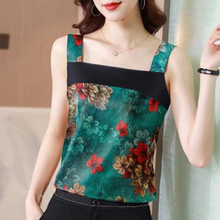 寬鬆t恤 最新版 吊帶上衣 細肩帶 平口吊帶背心 背心女生 【清貨】夏季大碼民族風復古寬松香雲吊帶背心女無袖印花T恤