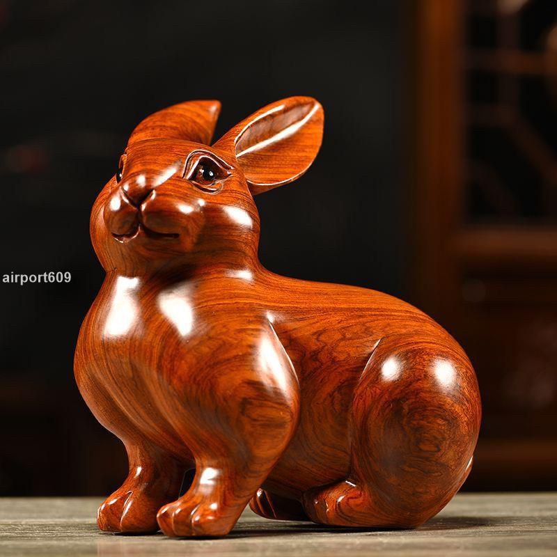【破損包賠】實木雕刻兔擺件木頭兔子生肖禮品家居客廳床頭柜裝飾擺設紅木工藝