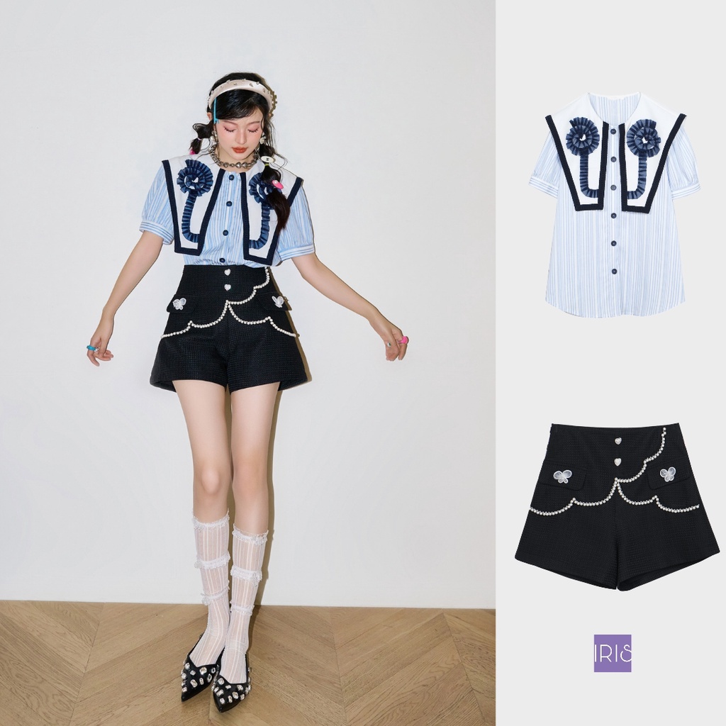 IRIS BOUTIQUE 泰國製造 小眾設計品牌 夏新品天空短袖藍色襯衫女珍珠黑色高腰短褲