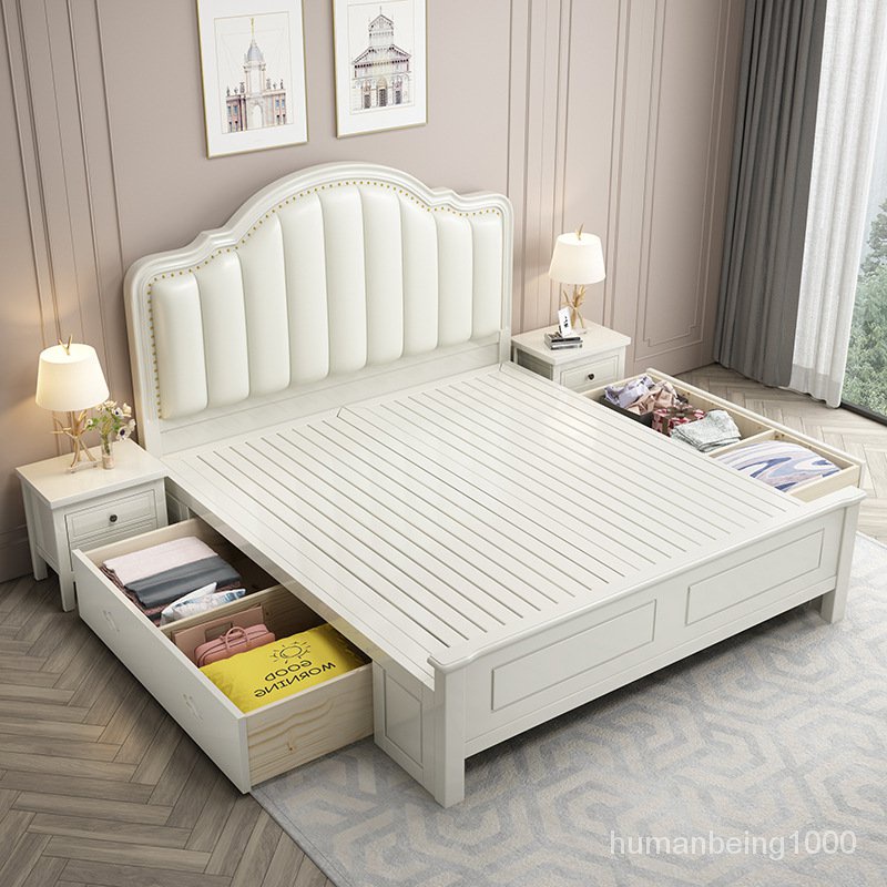 萬達木業 雙人床主臥婚床美式輕奢實木床1.8米現代簡約單1.5白色公主床儲床架 雙人床架 單人床架 雙人床 高架床 掀床