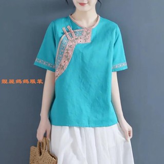 靚麗媽媽服裝 短袖上衣 夏季新款民族風繡花棉麻襯衫女寬松圓領拼色盤扣復古純棉短袖t恤