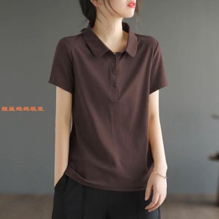 靚麗媽媽服裝 大碼夏季純棉polo衫 上衣文藝範短袖t恤 女百搭寬松顯瘦套頭體恤 潮