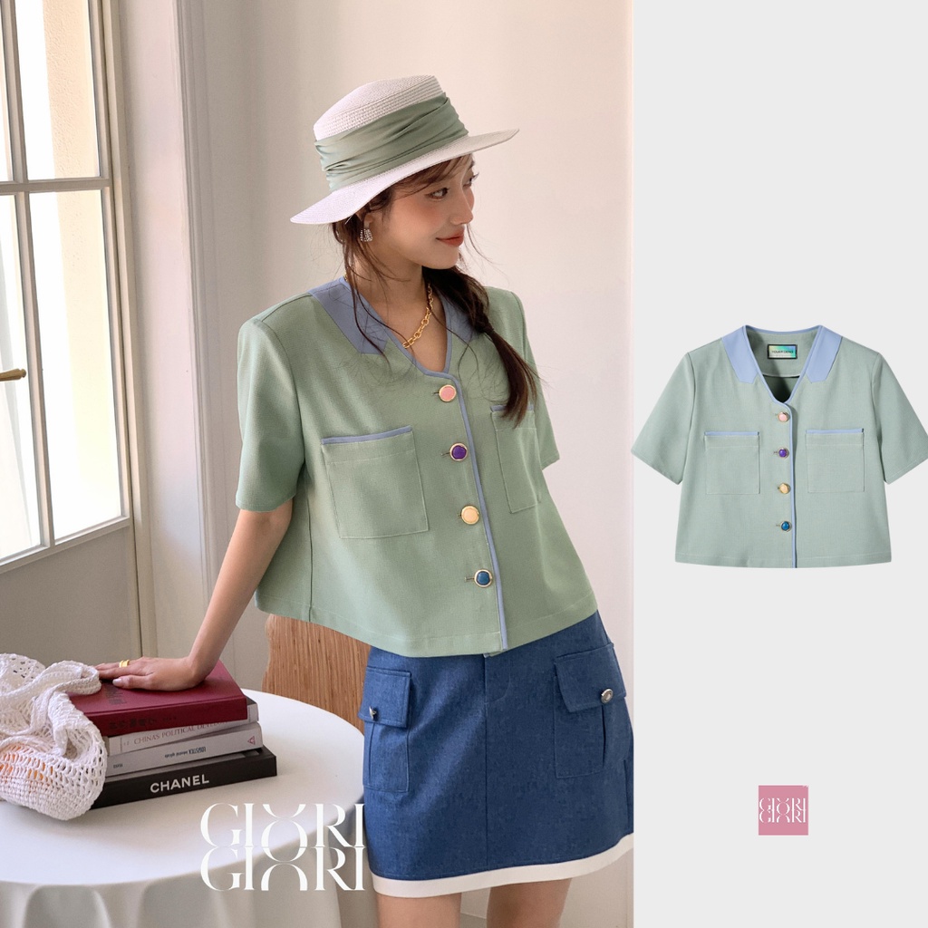IRIS BOUTIQUE 泰國製造 GIRI&amp;GIR系列 夏季新品 私奔到月球上衣女短袖綠色襯衫