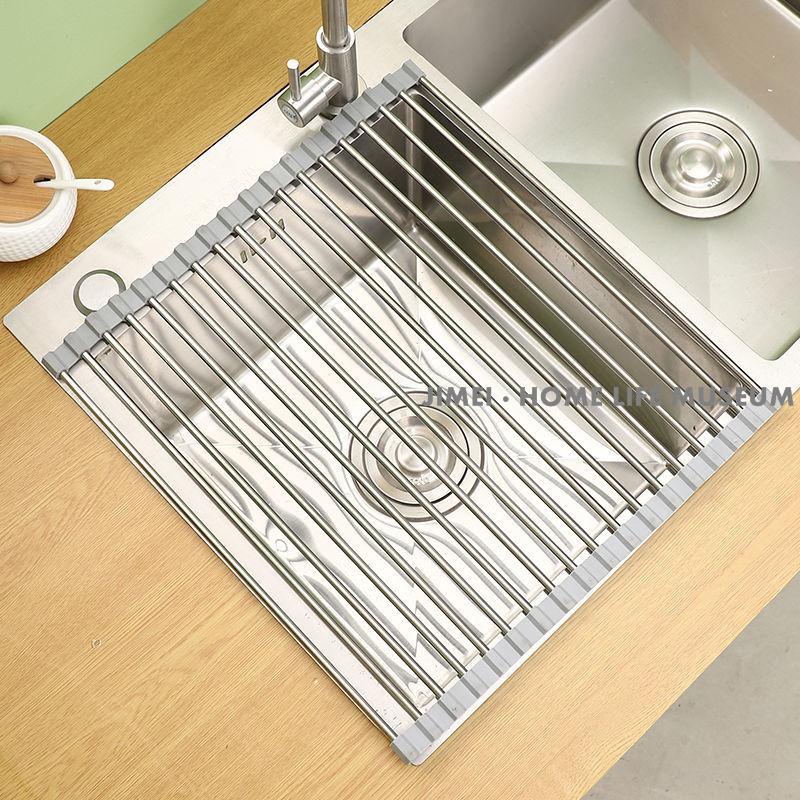 304不銹鋼瀝水卷簾 廚房水槽瀝碗碟架 可折疊瀝水架 防霉硅膠置物架