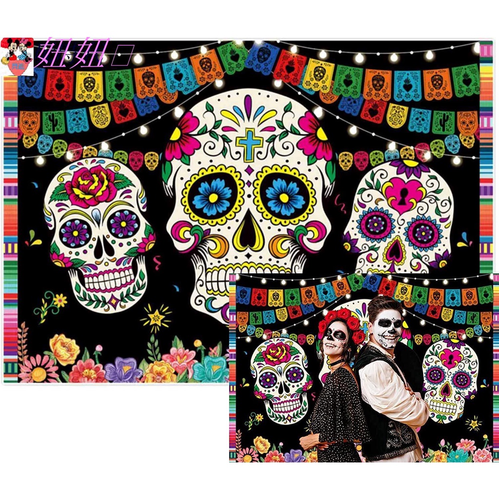 【貝迪】亡靈節 骷髏頭 墨西哥 骷髏頭派對裝飾道具5x3ft乙烯基攝影背景布