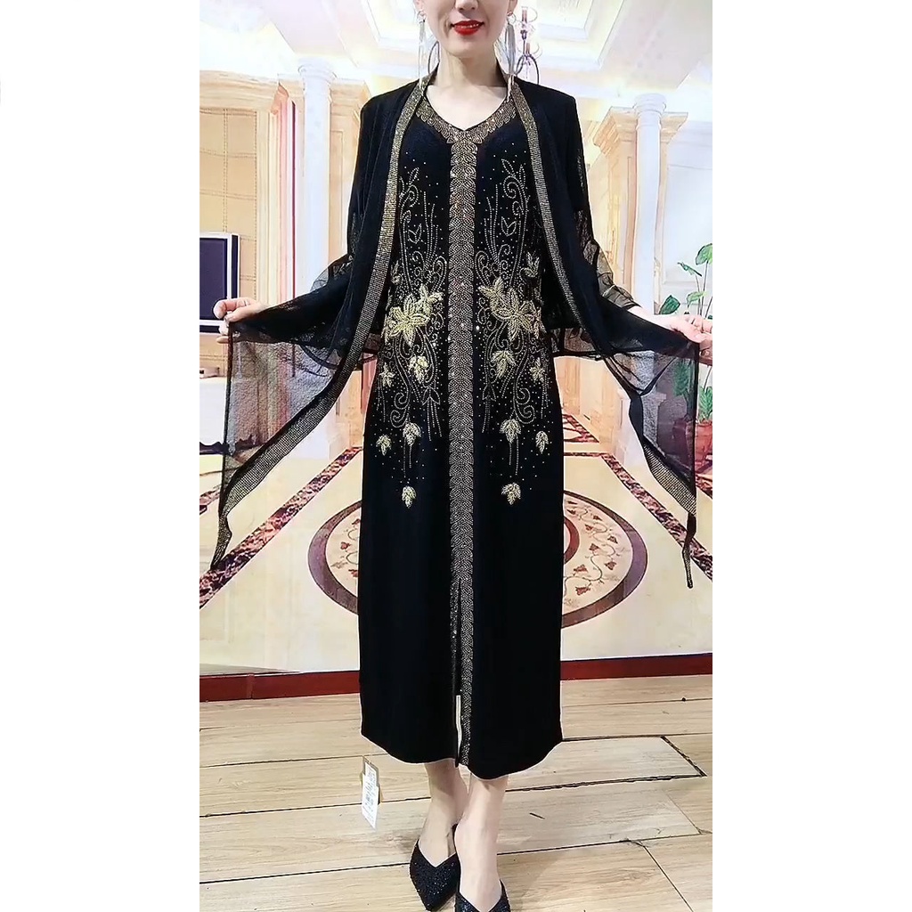 穆斯林洋裝蕾絲水鑽素色 開齋節-開齋節服裝/巨型奢華亮片 大尺碼
