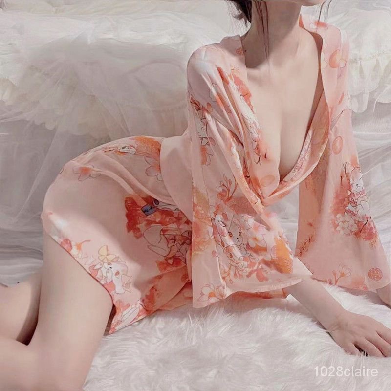 娜美·樱花粉 日式纯欲风性感和服款睡裙 诱惑甜美蝴蝶结套装
