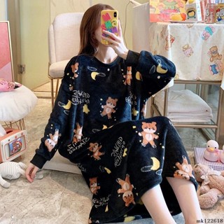⚡中大碼女裝⚡加大尺碼居家服寬鬆顯瘦 105公斤內可穿珊瑚絨睡裙女秋冬季加厚法蘭絨長款過膝長袖可愛卡通大尺碼睡衣