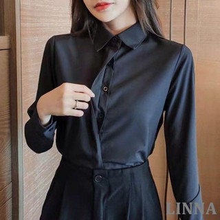 LINNA大尺碼襯衫 黑色襯衫女長袖女士工作服2023春季新款職業裝大碼工裝白襯衣女