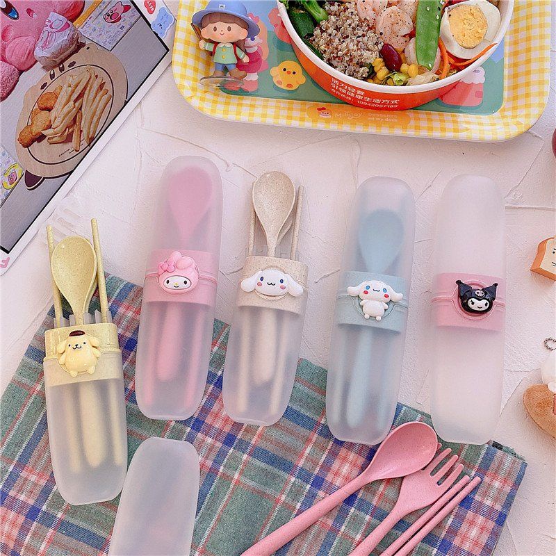 可愛麥秸餐具套裝庫洛米大耳狗學生吃飯勺子筷子叉子便攜外出餐具