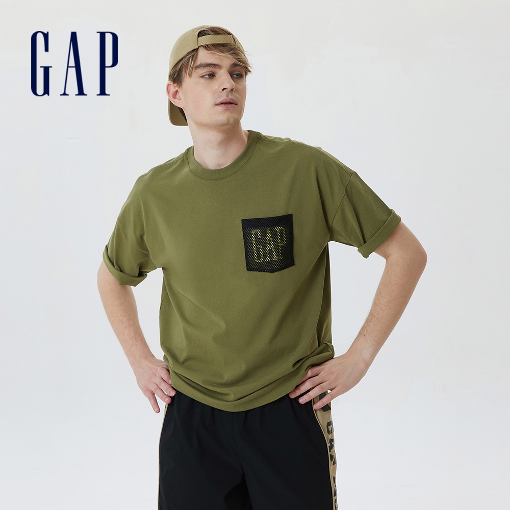 Gap 男裝 Logo純棉落肩短袖T恤 厚磅密織水洗棉系列-軍綠色(671471)