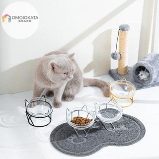 OMOIOKATA 貓碗玻璃高腳斜口可愛貓糧碗喝水碗護頸貓食盆寵物飯碗狗糧盆用品