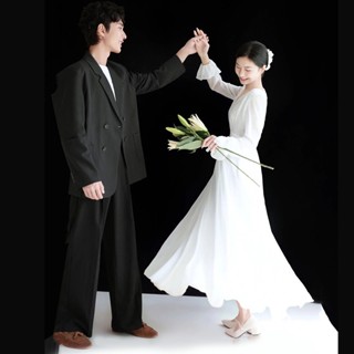 ♗小輕婚紗簡約法式輕薄白色長袖登記禮服qh153