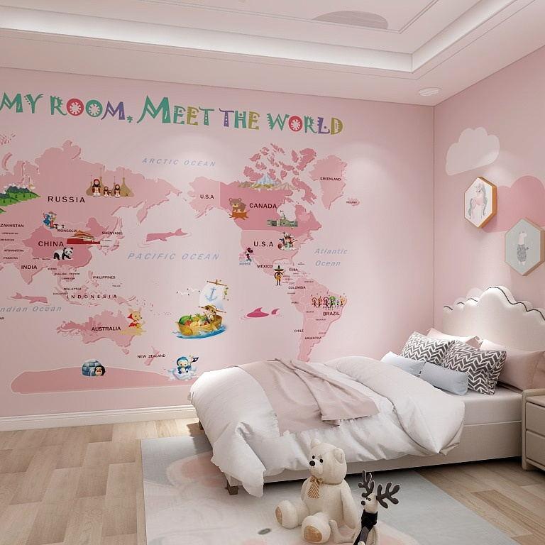 【定制壁紙】 墻貼 壁紙 防霉 防水 墻紙兒童房女孩房間壁紙粉色卡通世界地圖墻紙臥室床頭墻布背景墻壁畫