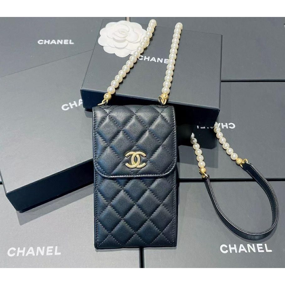 二手Chanel香奈兒 21新款 珍珠鏈條黑色手機包 單肩包斜挎包