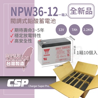 【YUASA整箱】湯淺 NPW36-12 免運 (10顆/箱)12V36W高效率鉛酸電池 等同NP7-12升級版