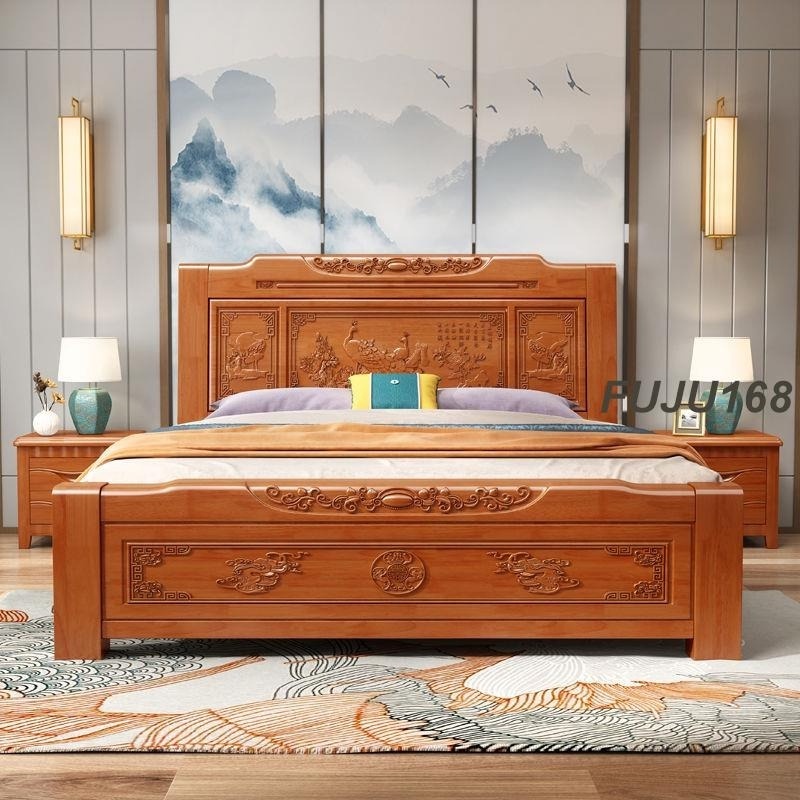 實木床雙人床1.8米婚床中式1.5米主臥儲物床明清雕花仿古橡木大床-FUJU生活