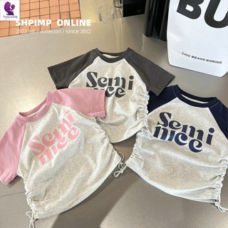 女童短款上衣 修身上衣 女童美式復古短款上衣2023新款夏純棉兒童可愛抽繩字母街舞T恤潮t