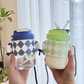 【言承】【玻璃杯特賣】水杯女生高顏值吸管杯可愛兒童耐高溫便攜雙飲水壺咖啡杯塑膠杯子