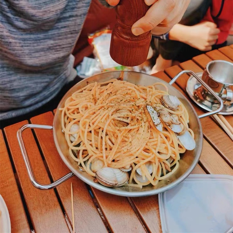 【銘行】【餐吧用具特賣】ins不銹鋼雙手柄海鮮鍋家用野餐盤子鍋韓國西餐盤炒面意面盤飯盤