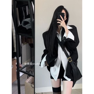 【少奶奶女裝】春秋 襯衫+外套 兩件套 韓版 慵懶風 寬鬆 內搭 長袖 襯衫 外穿 高階感 西裝 外套 套裝