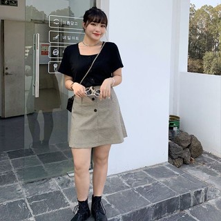 M-4XL 大尺碼兩件式套裝 甜美減齡顯瘦黑色針織短袖上衣+高腰格子半身裙
