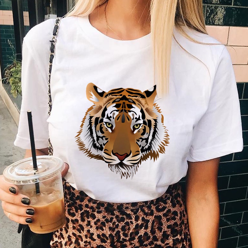 【23ʕ ᵔᴥᵔ ʔ熱賣】2022時尚老虎獅子圖案短袖T恤女休閑大碼白色半袖衫莫代爾衣服潮