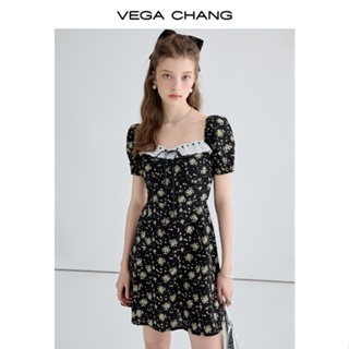 限定特賣VEGA CHANG黑色碎花連衣裙夏季2023新款女裝法式小眾開叉茶歇裙子新品