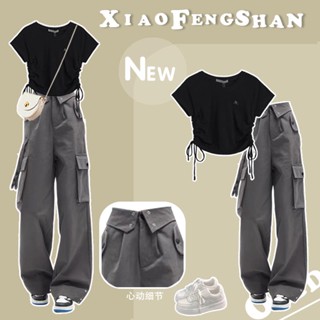 夏季新品🌈 S-7XL 夏季溫柔系穿搭一整套女2024年新款韓版辣妹短上衣工裝褲兩件套裝