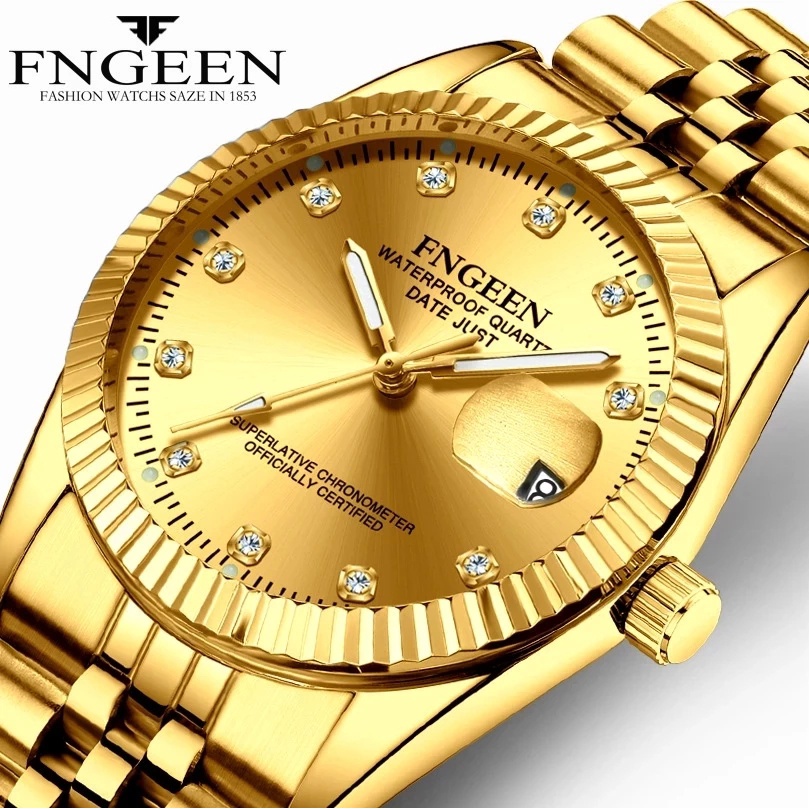 特熱銷 Fngeen 黃金不銹鋼男士手錶豪華鑽石男士手錶名牌時尚商務防水石英手錶