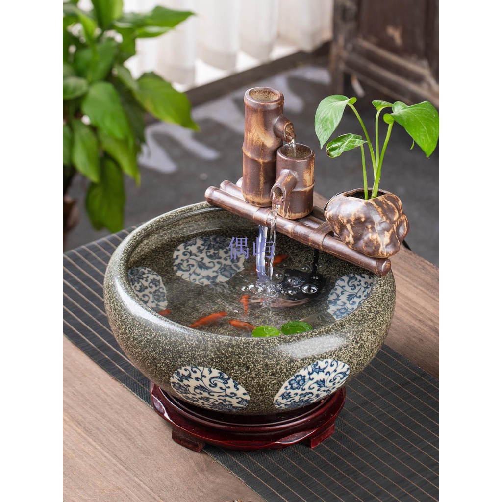 流水擺件魚缸造景過濾器循環養魚竹子水池中式復古微景觀裝飾家居 偶屿
