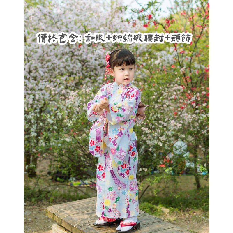 日本女兒童振袖正裝純棉和服配腰封日式寶寶和風童裝浴衣藍櫻